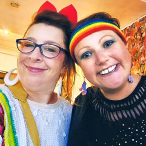 Stallholders Emily Tyler Artist & Julia Gandy at the Lazy Sunday Club at the LTB Showrooms dressed up in their best 80s fashion.