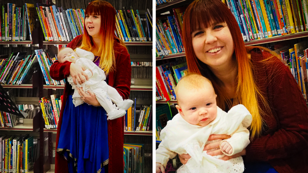 Emilie Lauren Jones at the launch of her new poetry book with baby Cleo.